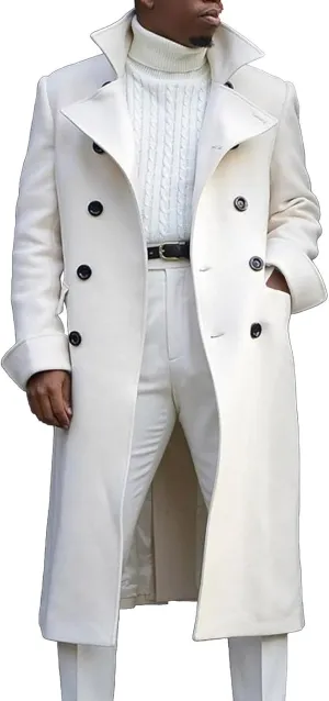 Mens Notch Lapel Double Breasted Long Trench Coat Casual Cotton Peacoats Windbreaker Long Jacket Windproof Overcoats