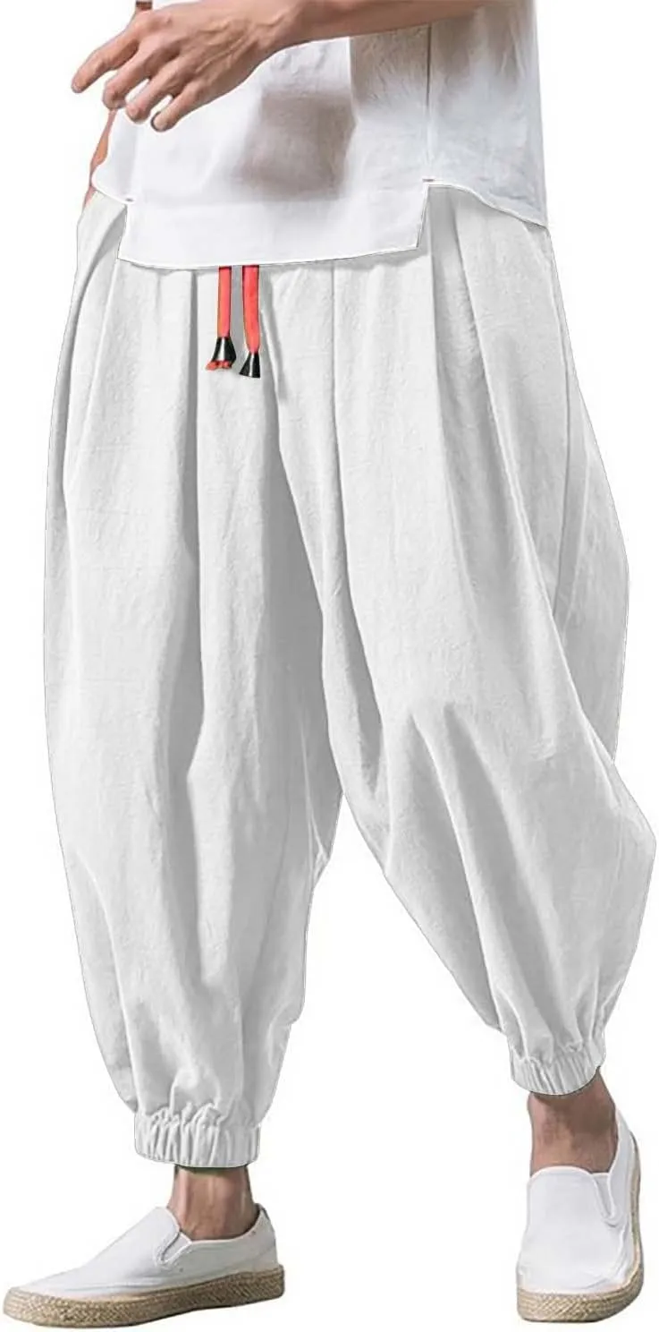Men's Parachute Pants Harem Pants Baggy Linen Pants Drop Crotch Trousers Drawstring Joggers Hippie Pants Pirate Pants