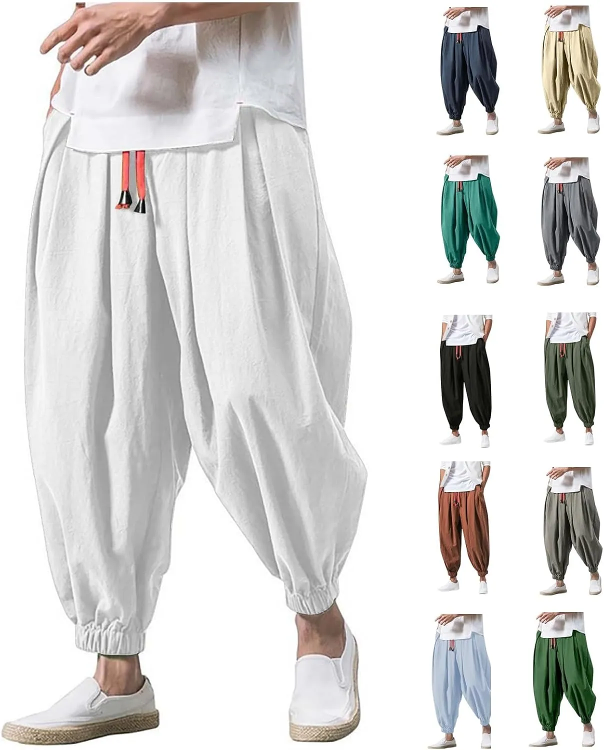 Men's Parachute Pants Harem Pants Baggy Linen Pants Drop Crotch Trousers Drawstring Joggers Hippie Pants Pirate Pants
