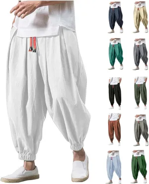Men's Parachute Pants Harem Pants Baggy Linen Pants Drop Crotch Trousers Drawstring Joggers Hippie Pants Pirate Pants