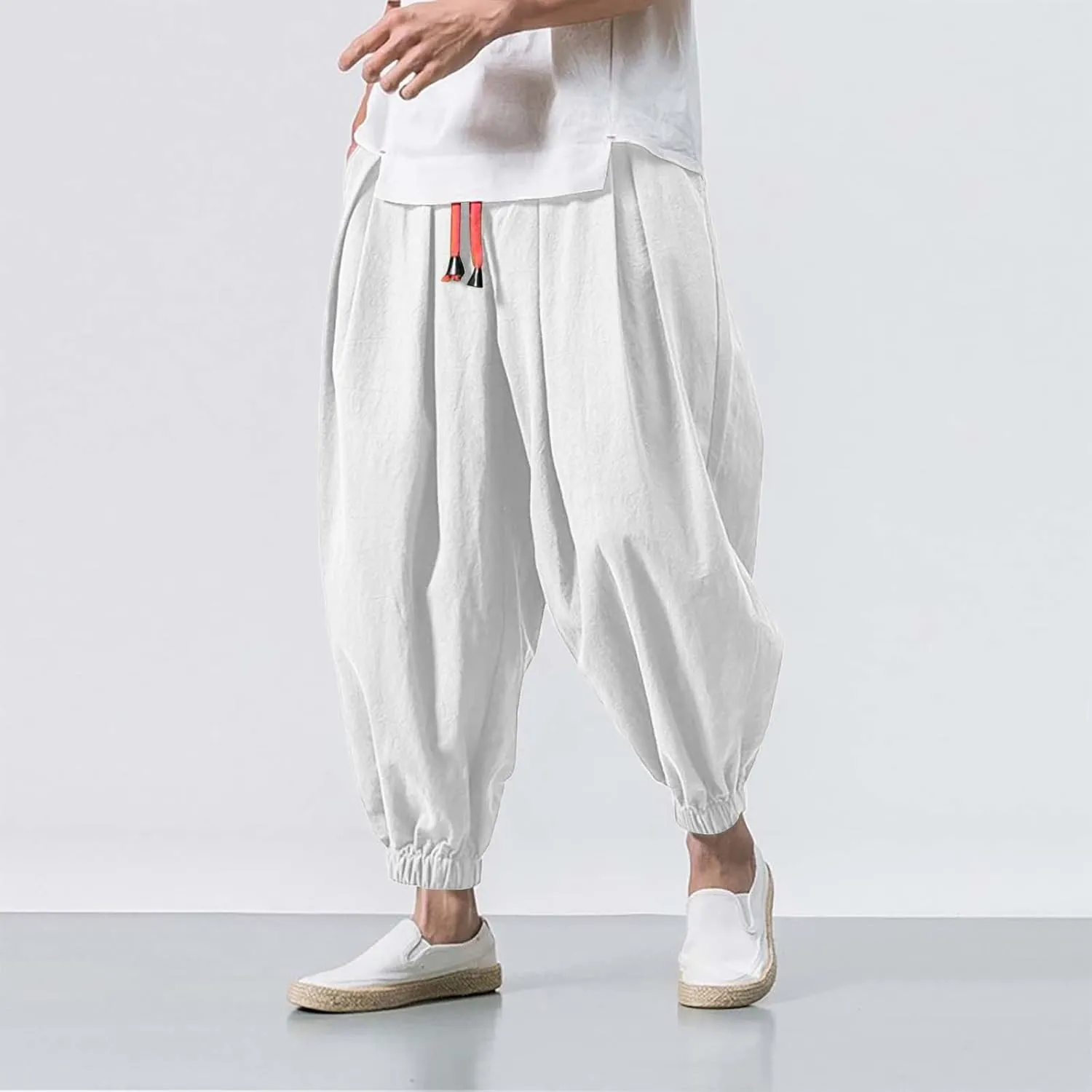 Men's Parachute Pants Harem Pants Baggy Linen Pants Drop Crotch Trousers Drawstring Joggers Hippie Pants Pirate Pants