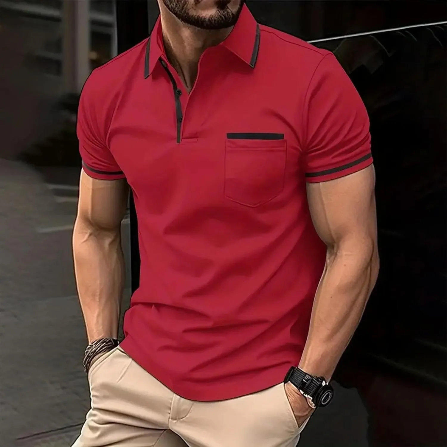 Men's Polo Shirts 2024 Short Sleeve Casual Polo T Shirt Color Block Slim Fit Golf Shirts with Pocket