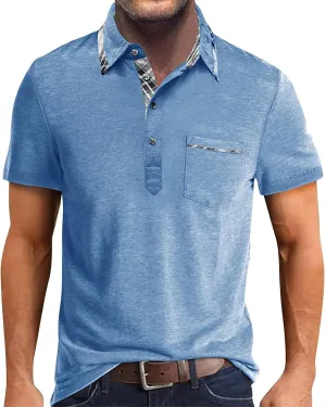 Mens Polo Shirts Fashion Classic Casual Short Sleeve Button T Shirt Summer Fitted Golf Shirt with Pocket