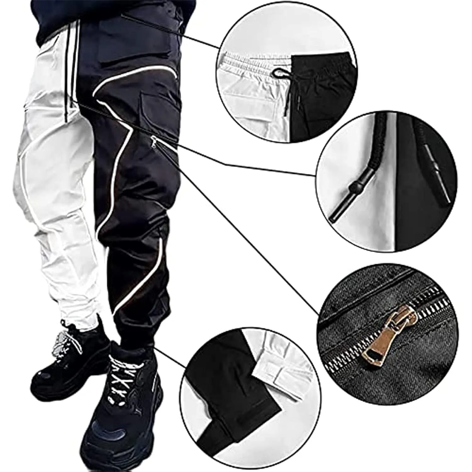 Men's Punk Streetwear Tactical Track Pant Reflective Technical Hip Hop Harem Pant Cargo Jogger Pant Trousers with Pocket (Small,White)