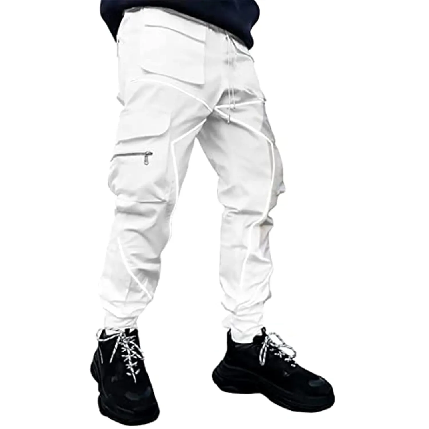 Men's Punk Streetwear Tactical Track Pant Reflective Technical Hip Hop Harem Pant Cargo Jogger Pant Trousers with Pocket (Small,White)