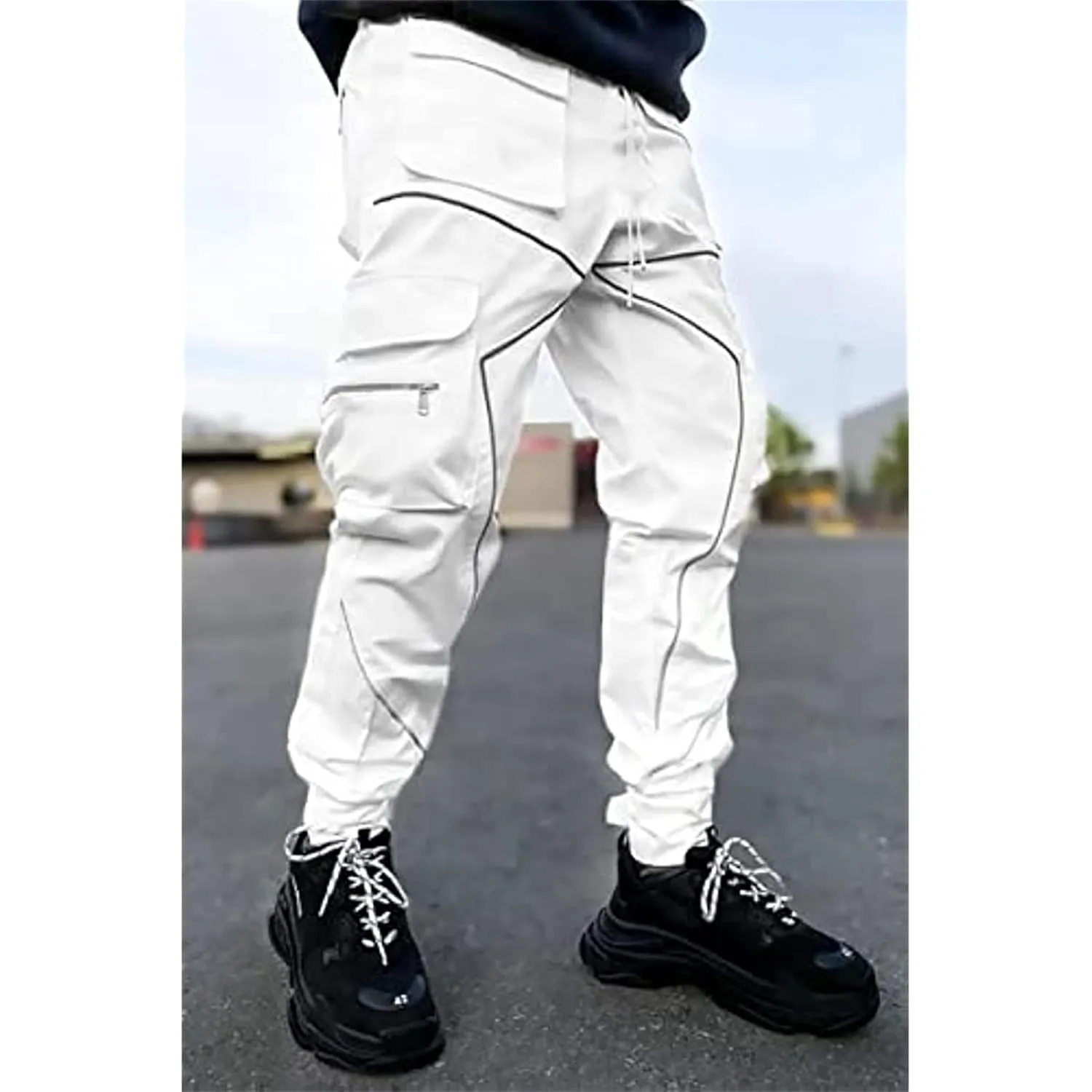 Men's Punk Streetwear Tactical Track Pant Reflective Technical Hip Hop Harem Pant Cargo Jogger Pant Trousers with Pocket (Small,White)