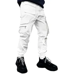 Men's Punk Streetwear Tactical Track Pant Reflective Technical Hip Hop Harem Pant Cargo Jogger Pant Trousers with Pocket (Small,White)
