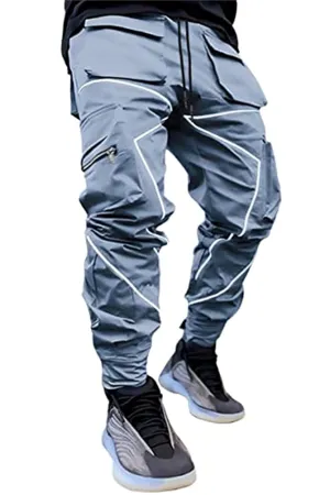 Men's Punk Streetwear Tactical Track Pant Reflective Technical Hip Hop Harem Pant Cargo Jogger Pant Trousers with Pocket (X-Small,Grey)