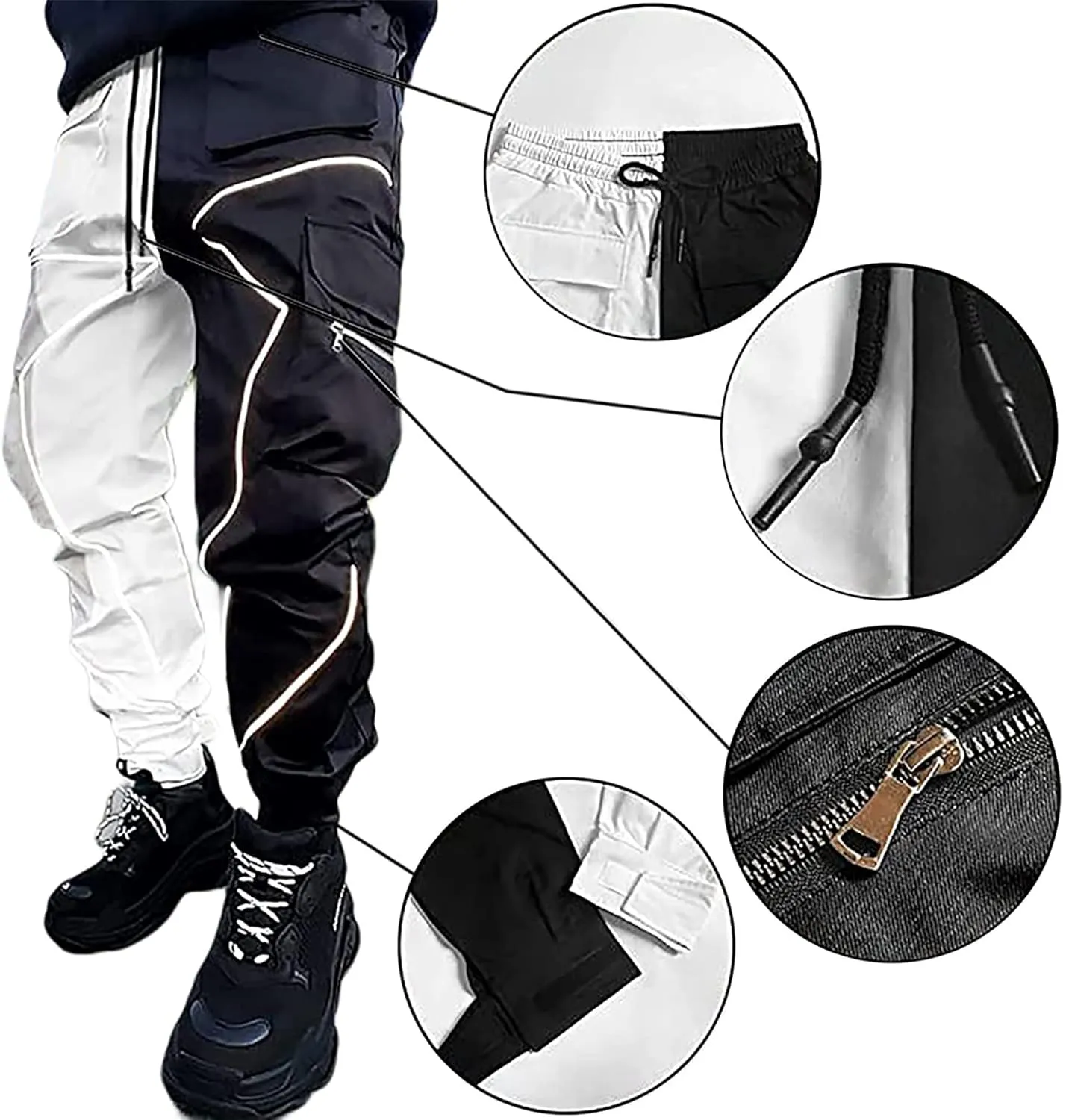 Men's Punk Streetwear Tactical Track Pant Reflective Technical Hip Hop Harem Pant Cargo Jogger Pant Trousers with Pocket (X-Small,Grey)