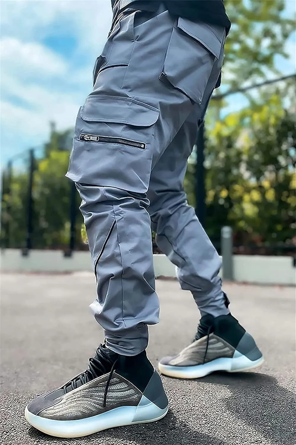 Men's Punk Streetwear Tactical Track Pant Reflective Technical Hip Hop Harem Pant Cargo Jogger Pant Trousers with Pocket (X-Small,Grey)