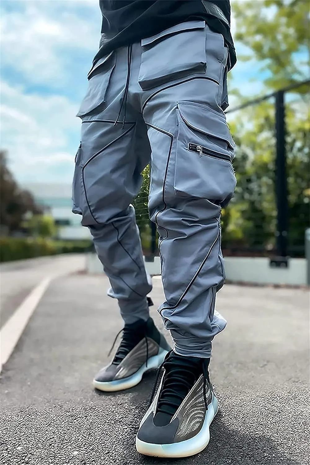 Men's Punk Streetwear Tactical Track Pant Reflective Technical Hip Hop Harem Pant Cargo Jogger Pant Trousers with Pocket (X-Small,Grey)