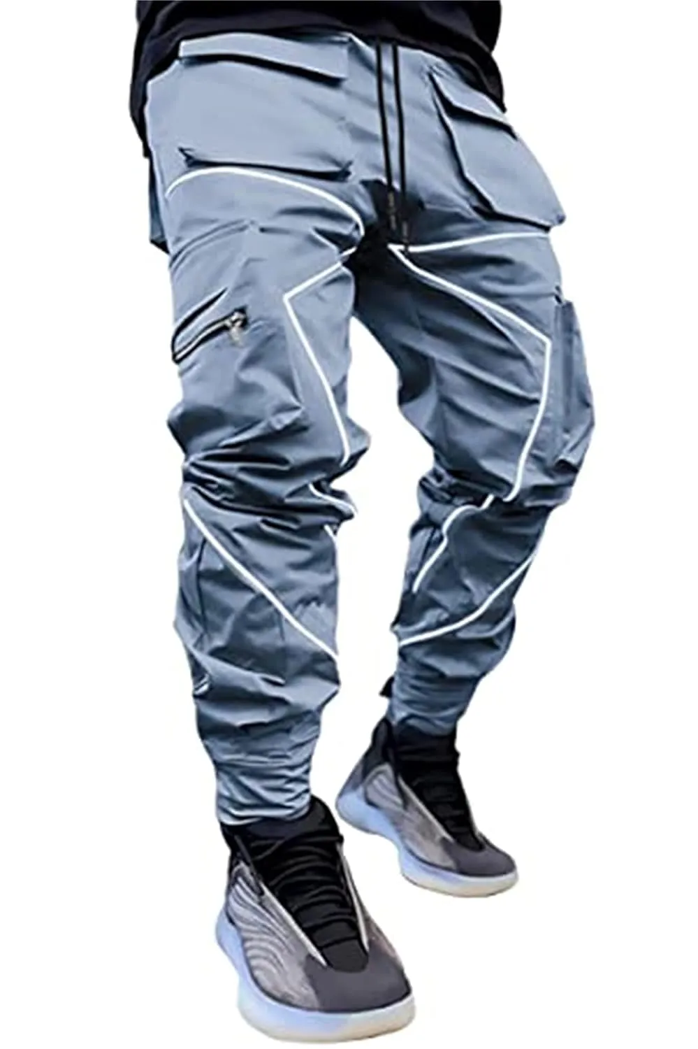 Men's Punk Streetwear Tactical Track Pant Reflective Technical Hip Hop Harem Pant Cargo Jogger Pant Trousers with Pocket (X-Small,Grey)