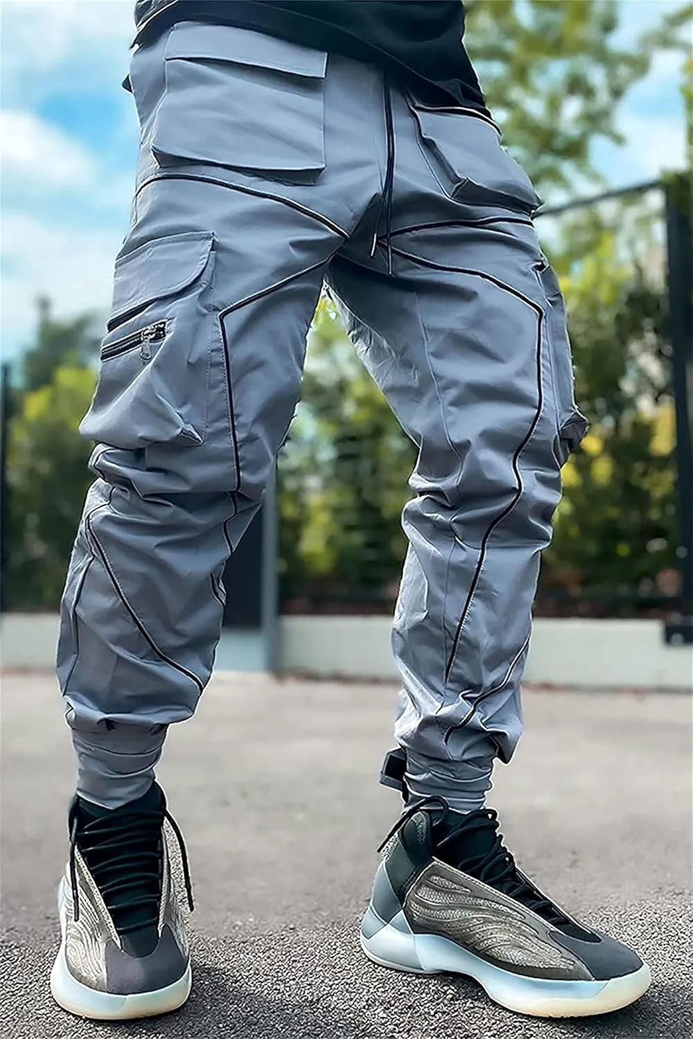 Men's Punk Streetwear Tactical Track Pant Reflective Technical Hip Hop Harem Pant Cargo Jogger Pant Trousers with Pocket (X-Small,Grey)