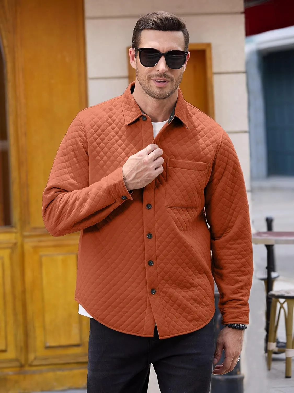 Mens Shacket Long Sleeve Shirt Jacket with Pockets Lightweight Quilted Overshirt