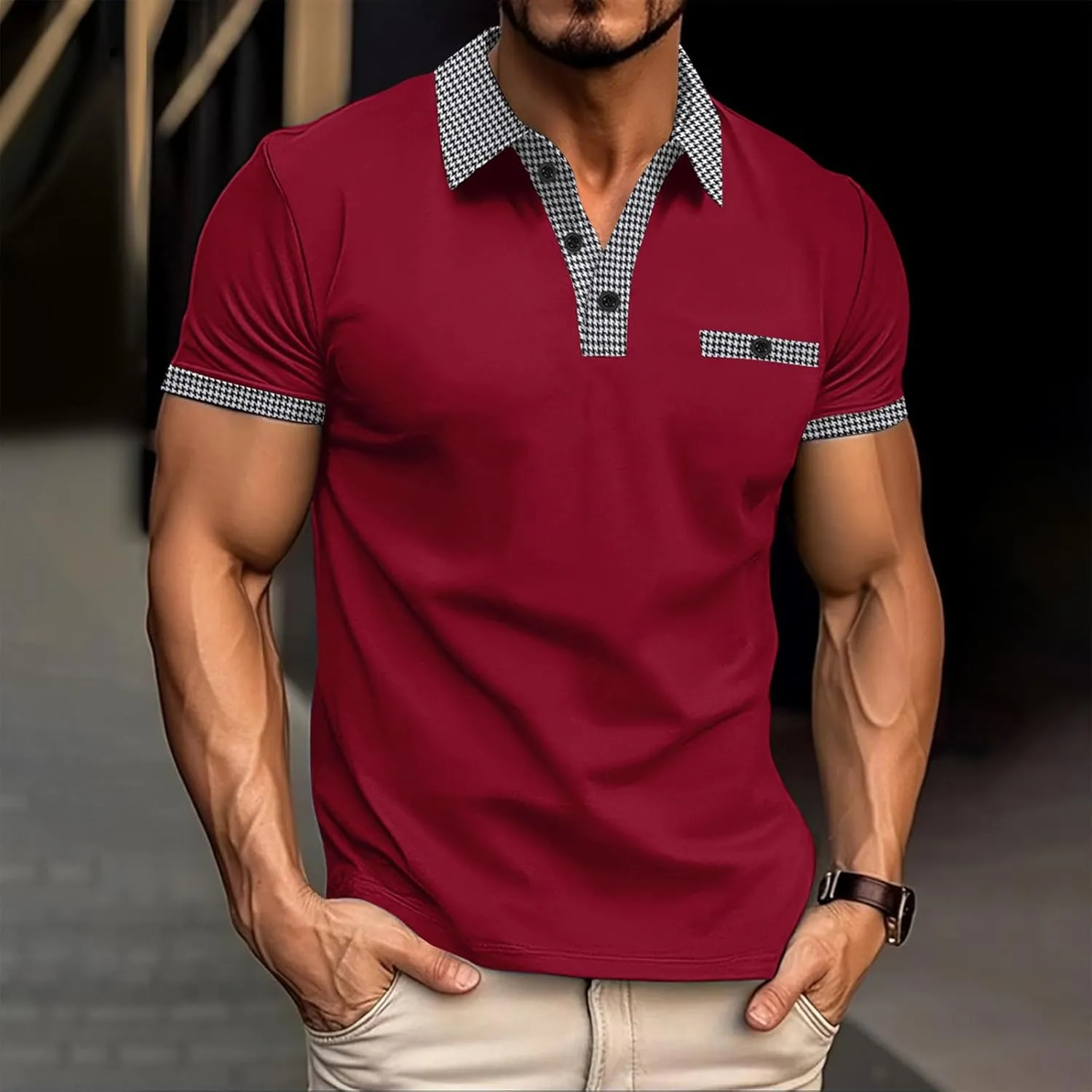 Men's Shirts Sleeved Lapel Thousands of Bird Grid Pockets Casual Top T Shirt Golf Shirts Men Quarter Button Shirts