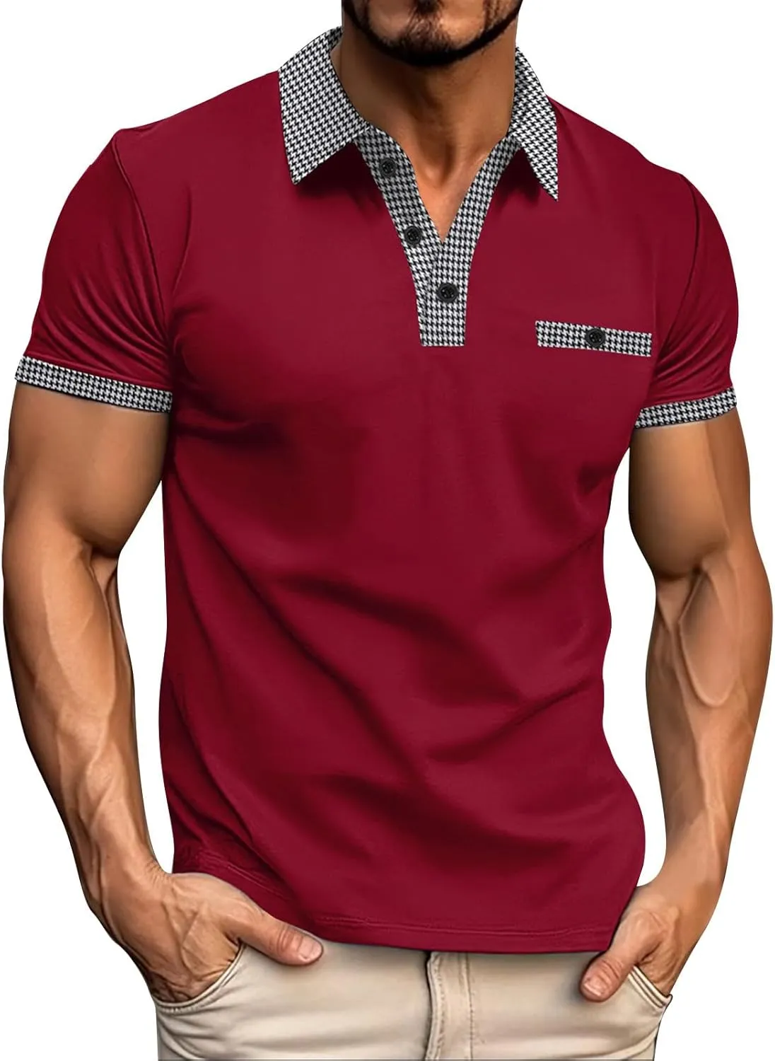 Men's Shirts Sleeved Lapel Thousands of Bird Grid Pockets Casual Top T Shirt Golf Shirts Men Quarter Button Shirts