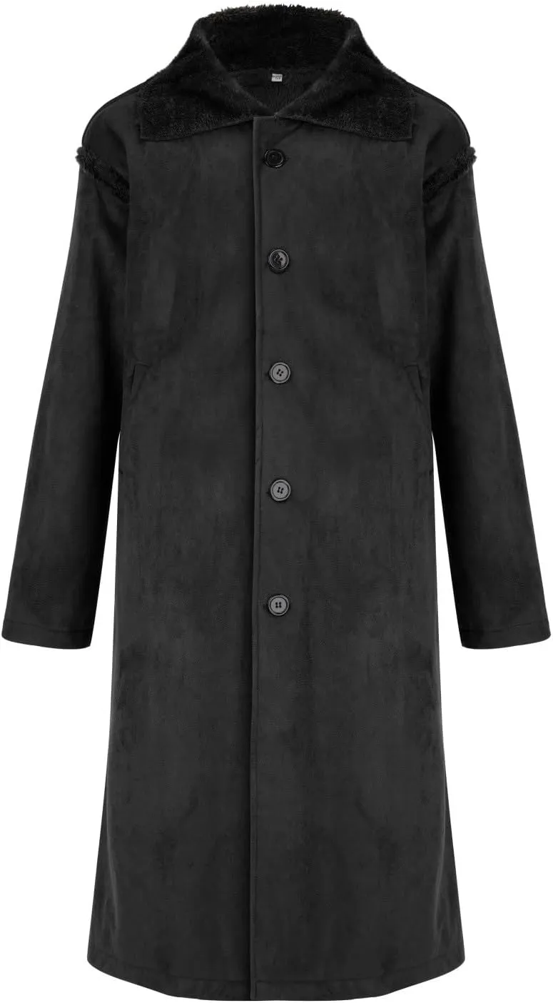 Mens Single Breasted Black Faux Leather Trench Coat Vintage Steampunk Classic Officer Military Uniform Long Jackets