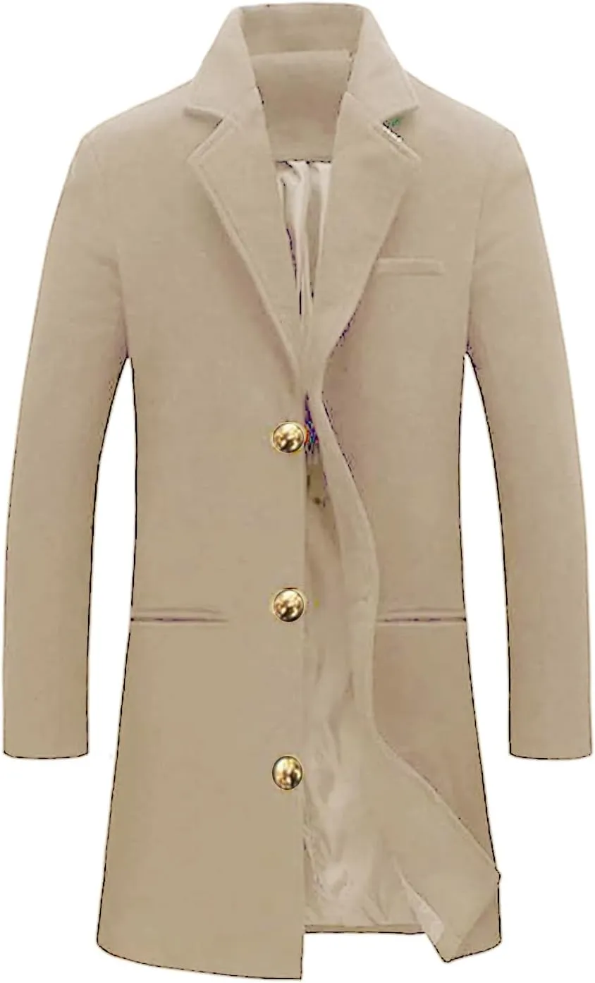 Mens Single Breasted Notch Lapel Trench Coat Long Casual Pea Coat with Slim Fit Warm Soft for Fall and Winter