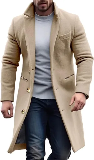 Mens Single Breasted Notch Lapel Trench Coat Long Casual Pea Coat with Slim Fit Warm Soft for Fall and Winter