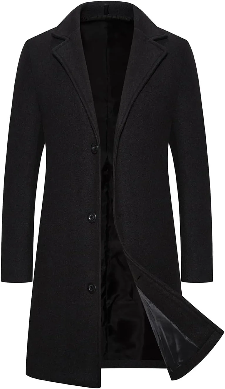 Mens Slim Fit Winter Trench Coat with Notched Collar, Single Breasted, Warm Soft Pea Coat Style Overcoat