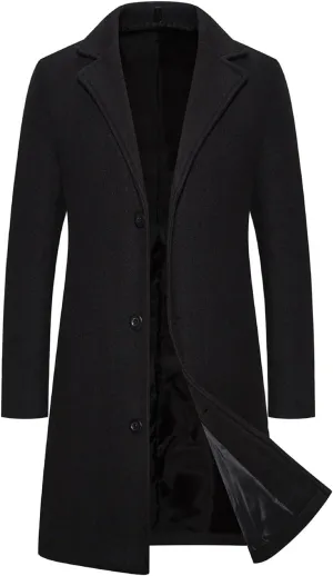 Mens Slim Fit Winter Trench Coat with Notched Collar, Single Breasted, Warm Soft Pea Coat Style Overcoat