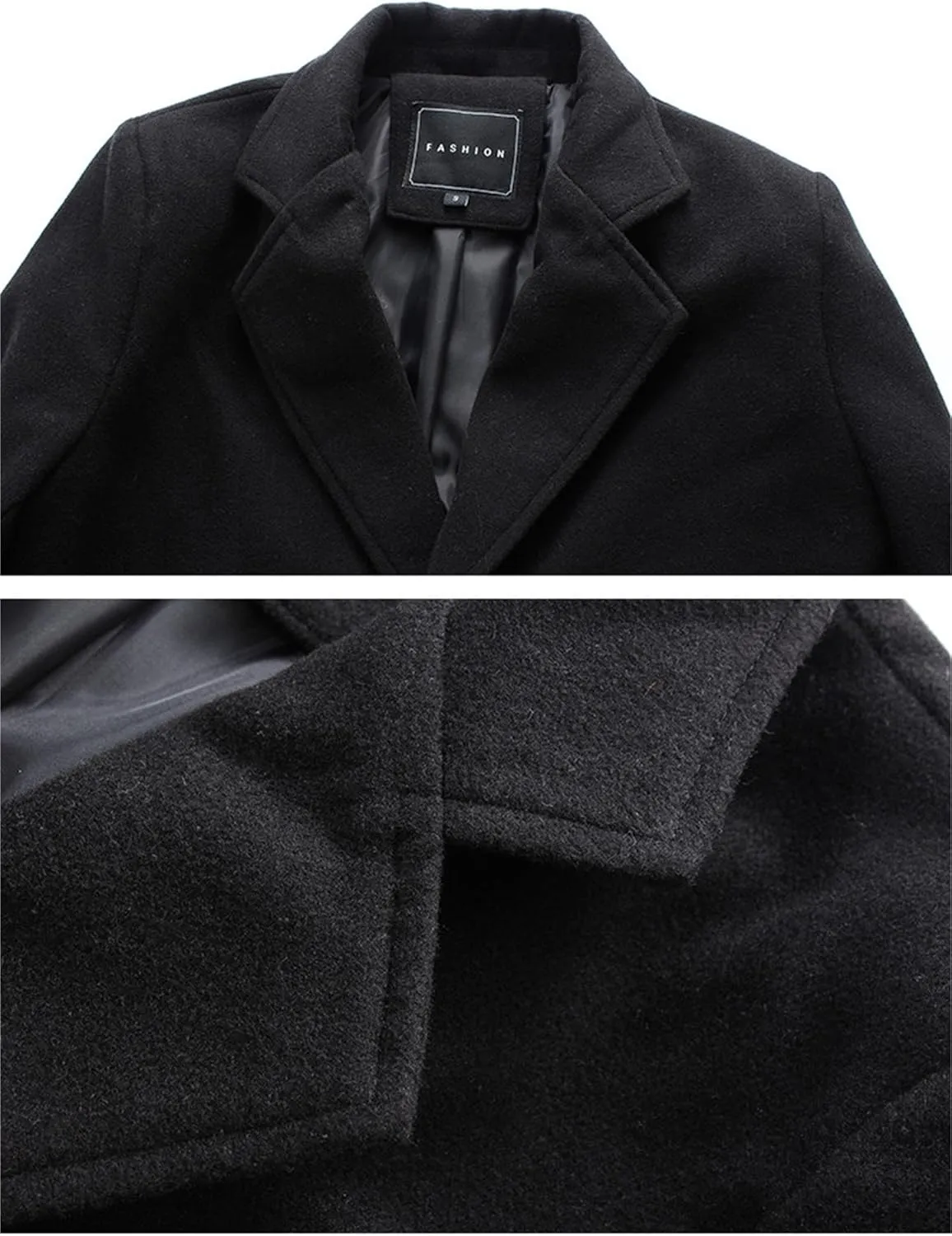 Mens Slim Fit Winter Trench Coat with Notched Collar, Single Breasted, Warm Soft Pea Coat Style Overcoat