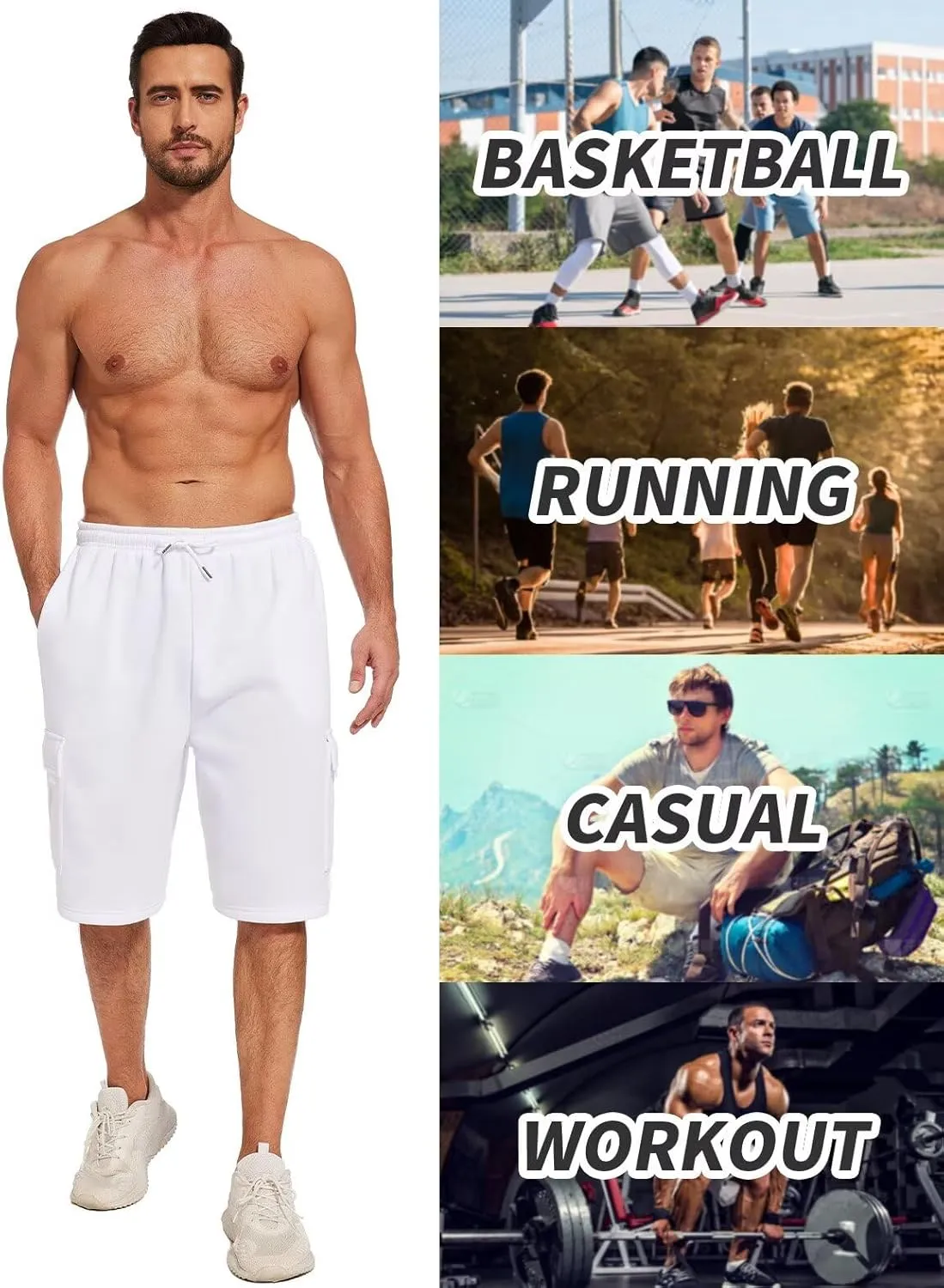 Mens Sweat Shorts with Cargo Pockets Athletic Fleece Short Pants Summer Outerwear