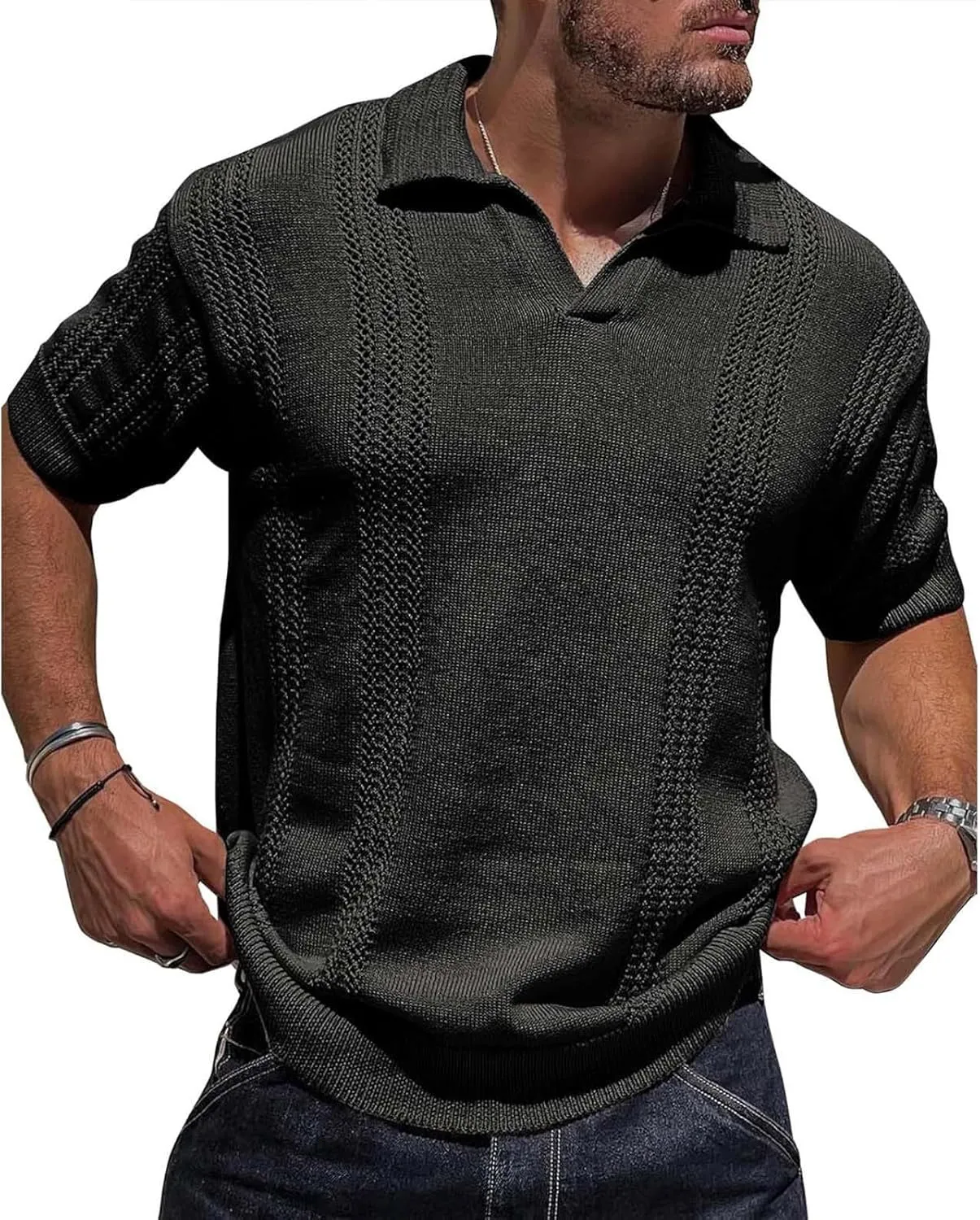 Mens V Neck Polo Shirts, Men Knit Polo Shirts Muscle Polo Shirts for Men, Vintage Ribbed Knit Soft Short Sleeve