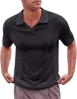 Mens V Neck Polo Shirts, Men Knit Polo Shirts Muscle Polo Shirts for Men, Vintage Ribbed Knit Soft Short Sleeve