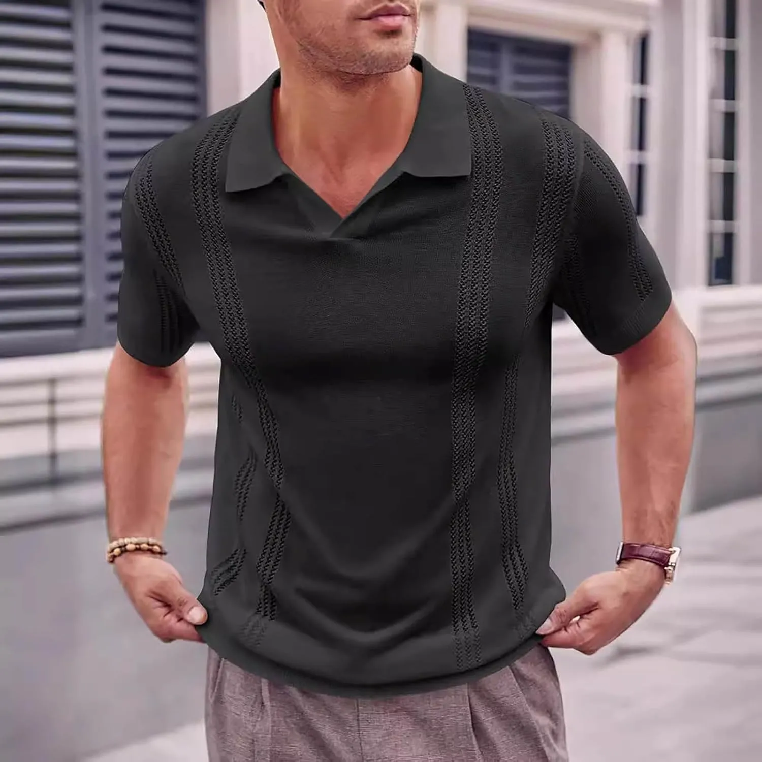 Mens V Neck Polo Shirts, Men Knit Polo Shirts Muscle Polo Shirts for Men, Vintage Ribbed Knit Soft Short Sleeve
