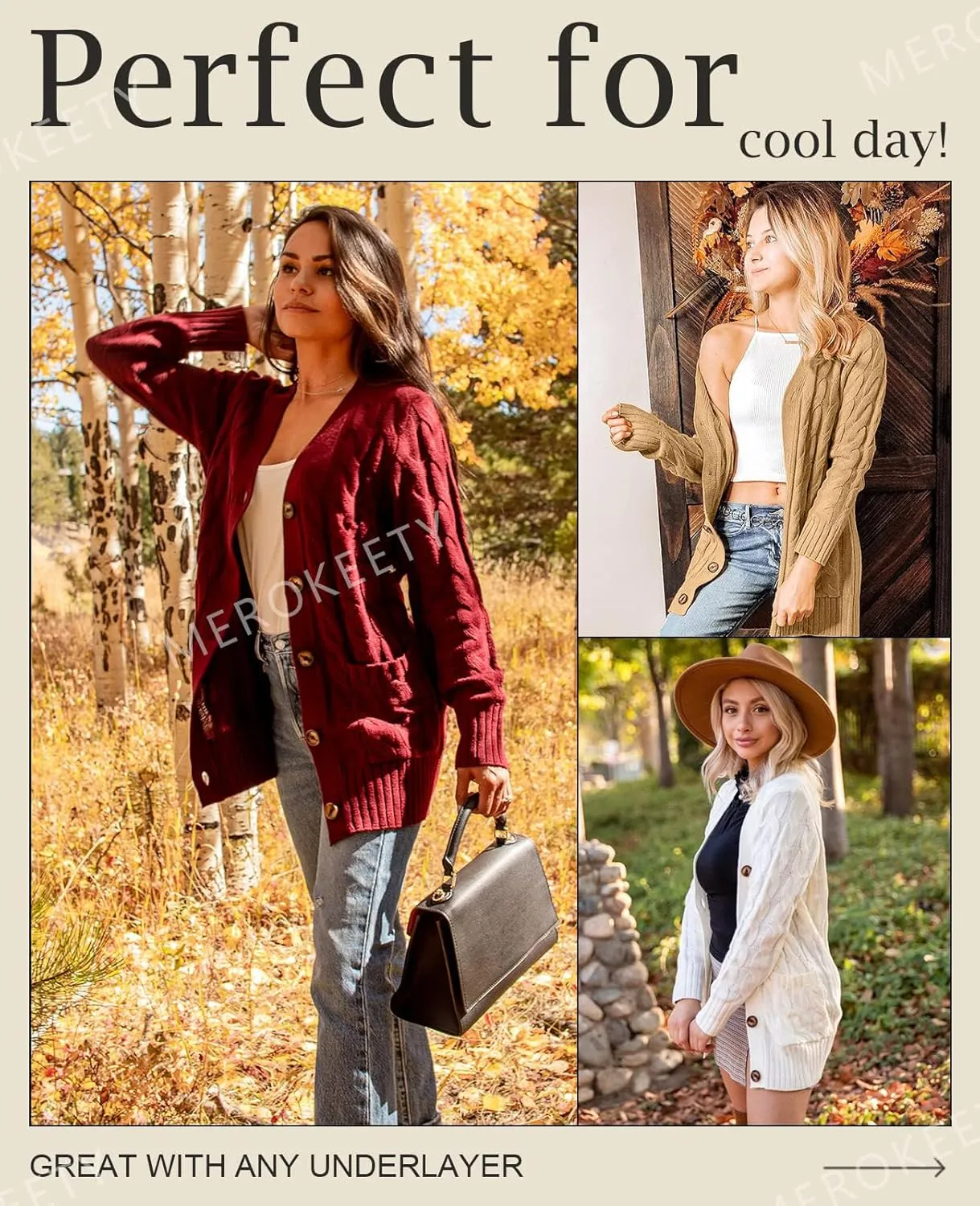 MEROKEETY Women's 2025 Fall Long Sleeve Cable Knit Sweater Open Front Cardigan Button Loose Outerwear