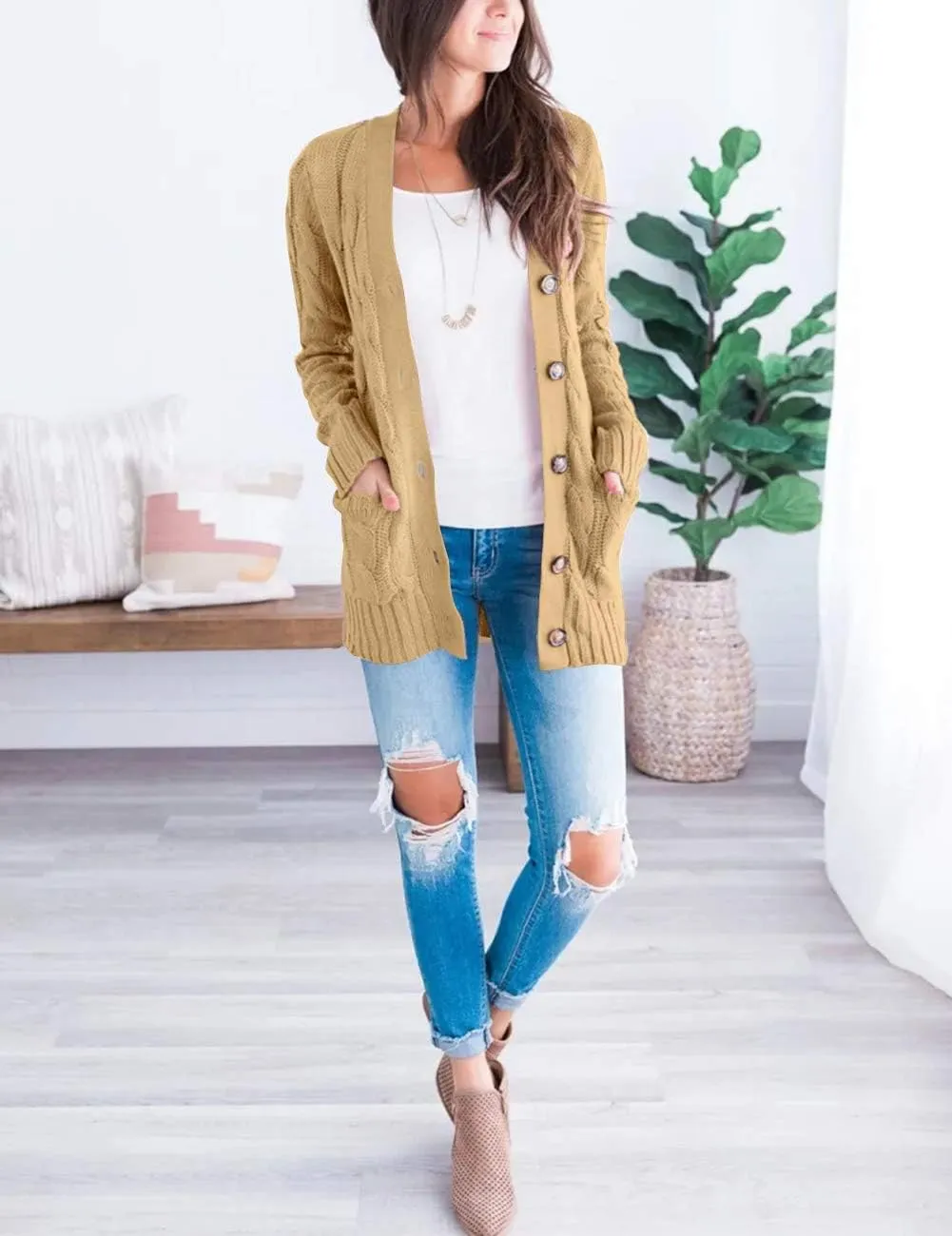 MEROKEETY Women's 2025 Fall Long Sleeve Cable Knit Sweater Open Front Cardigan Button Loose Outerwear
