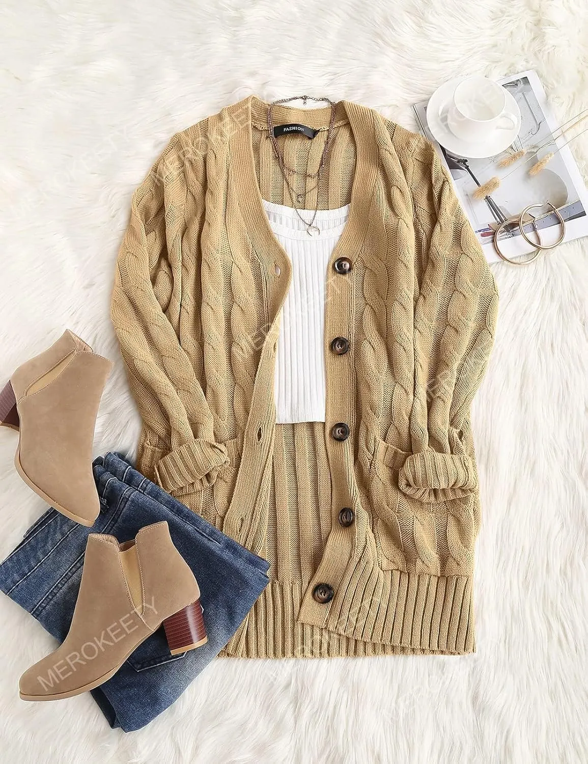 MEROKEETY Women's 2025 Fall Long Sleeve Cable Knit Sweater Open Front Cardigan Button Loose Outerwear