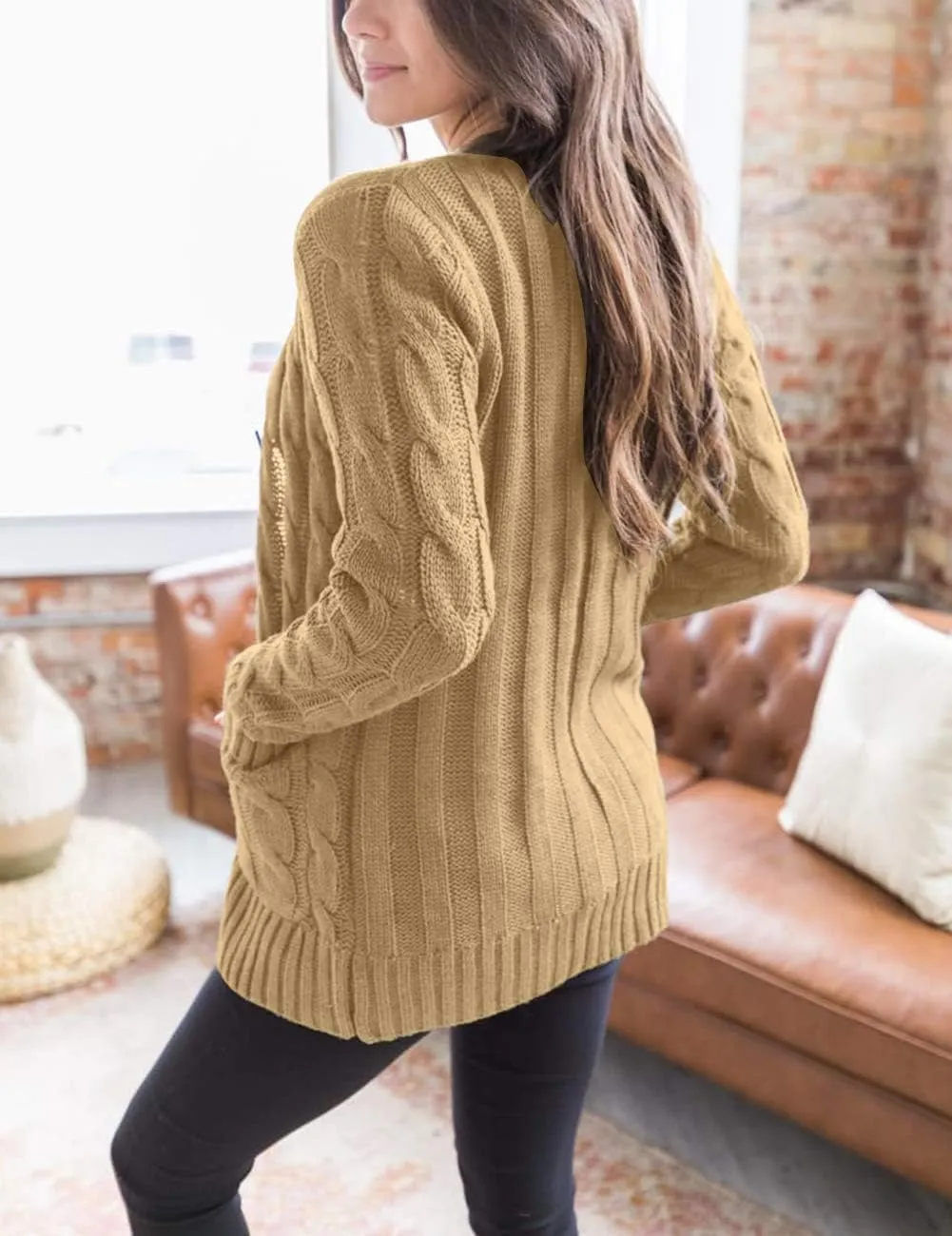 MEROKEETY Women's 2025 Fall Long Sleeve Cable Knit Sweater Open Front Cardigan Button Loose Outerwear