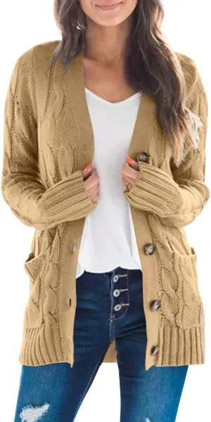 MEROKEETY Women's 2025 Fall Long Sleeve Cable Knit Sweater Open Front Cardigan Button Loose Outerwear