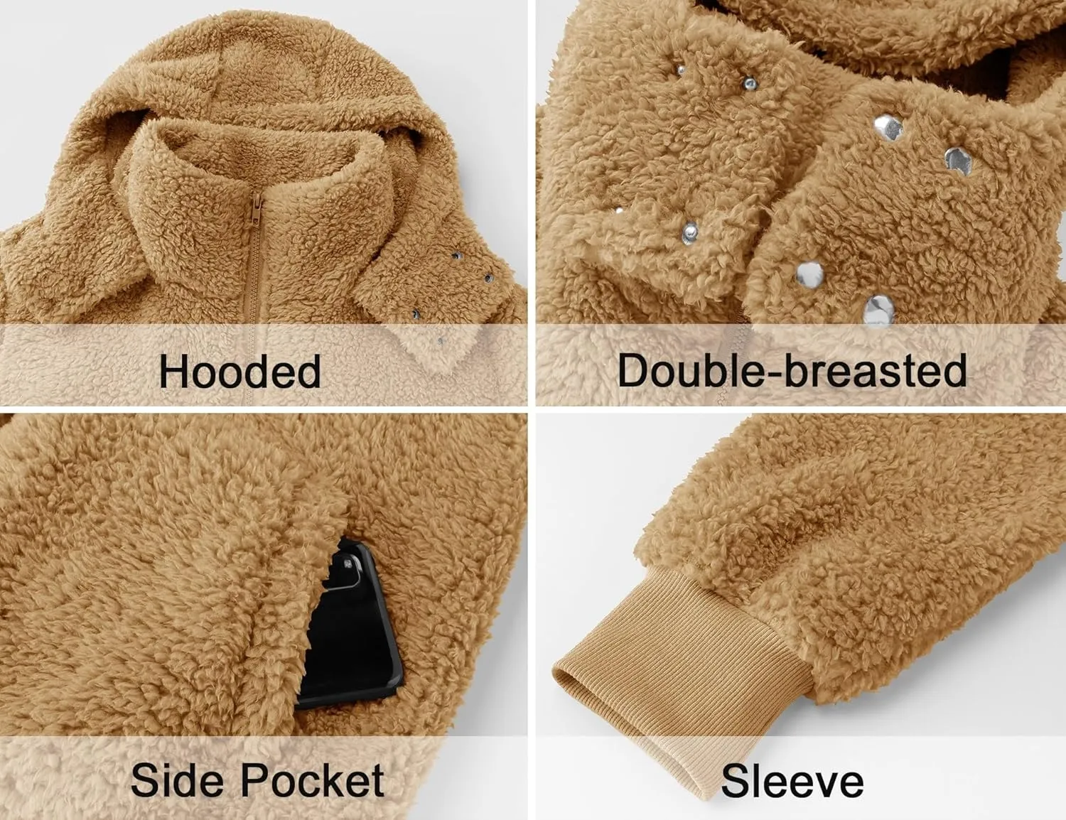 Micoson Womens Faux Fur Coat Winter Full Zip Sherpa Fleece Jacket Long Sleeve Warm Fuzzy Outerwear with Hooded
