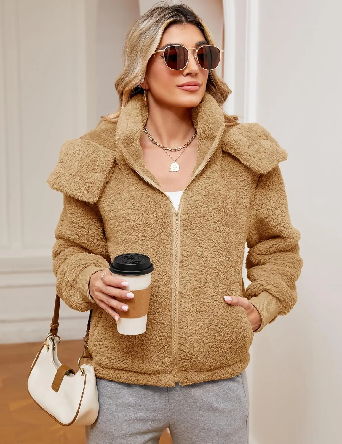 Micoson Womens Faux Fur Coat Winter Full Zip Sherpa Fleece Jacket Long Sleeve Warm Fuzzy Outerwear with Hooded