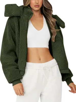 Micoson Womens Faux Fur Coat Winter Full Zip Sherpa Fleece Jacket Long Sleeve Warm Fuzzy Outerwear with Hooded