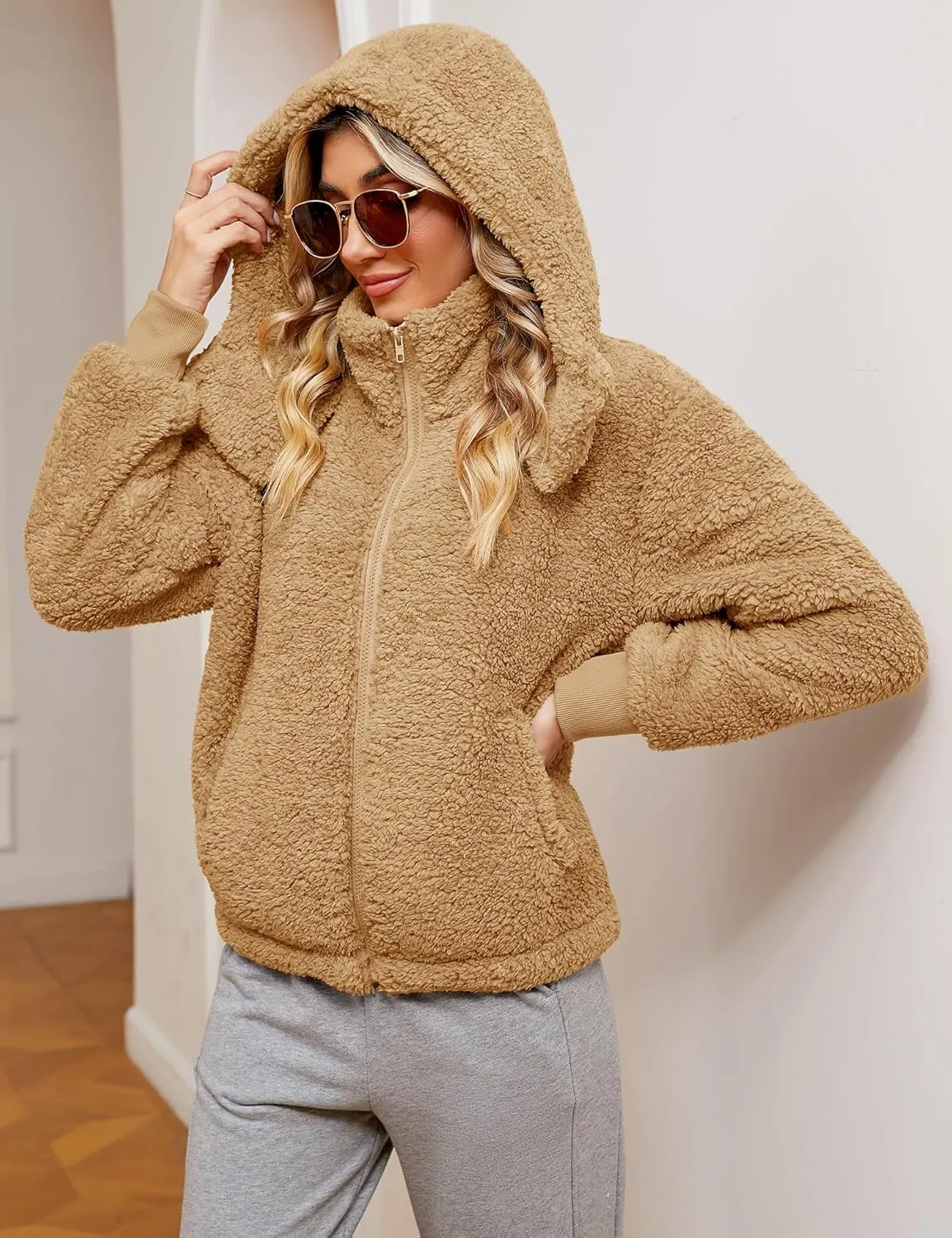 Micoson Womens Faux Fur Coat Winter Full Zip Sherpa Fleece Jacket Long Sleeve Warm Fuzzy Outerwear with Hooded