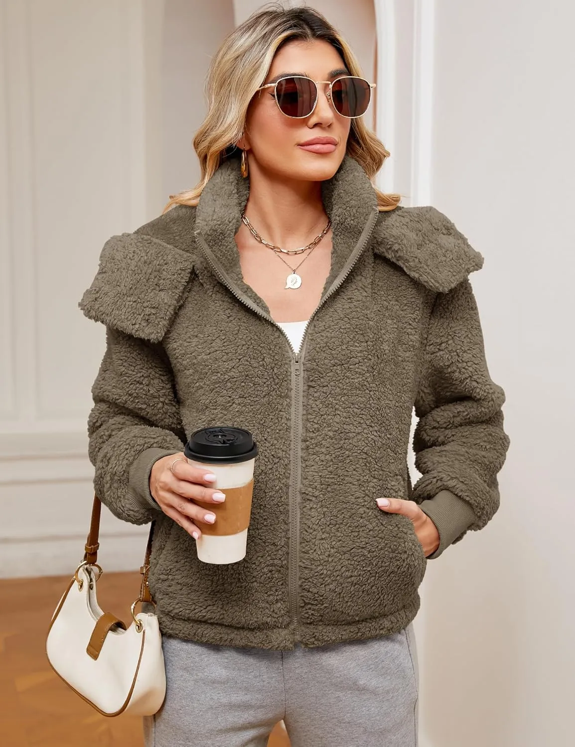 Micoson Womens Faux Fur Coat Winter Full Zip Sherpa Fleece Jacket Long Sleeve Warm Fuzzy Outerwear with Hooded
