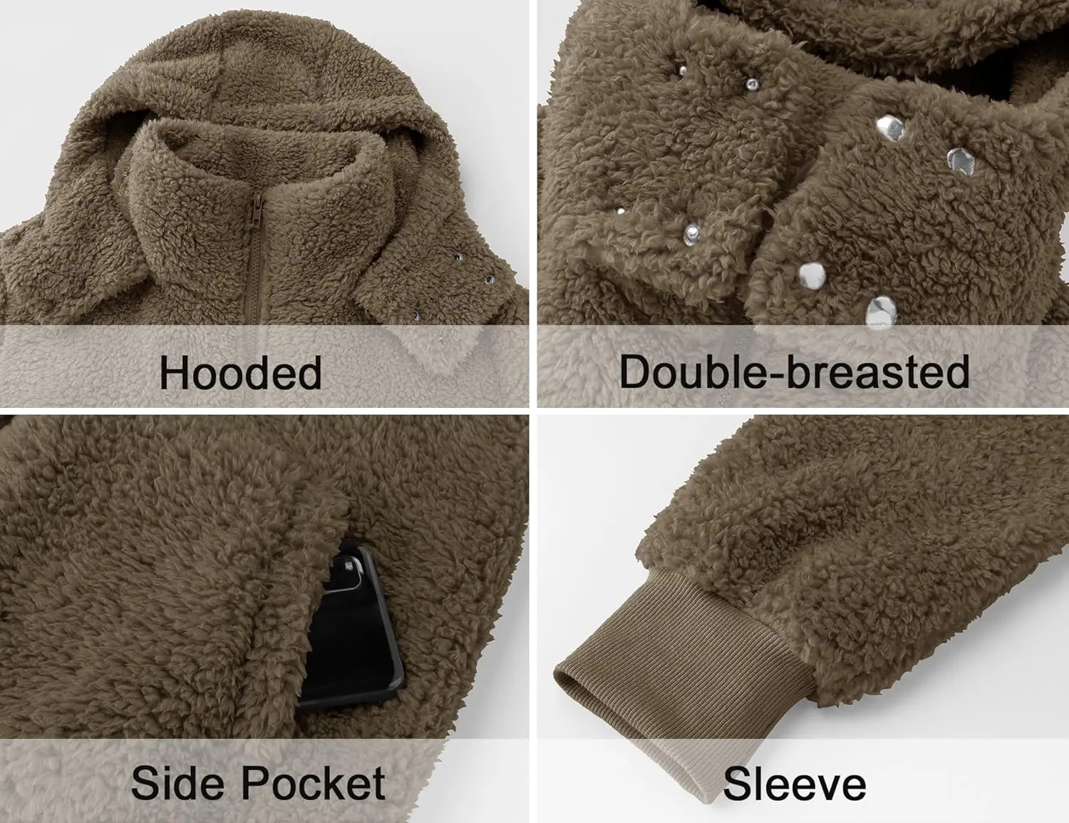 Micoson Womens Faux Fur Coat Winter Full Zip Sherpa Fleece Jacket Long Sleeve Warm Fuzzy Outerwear with Hooded