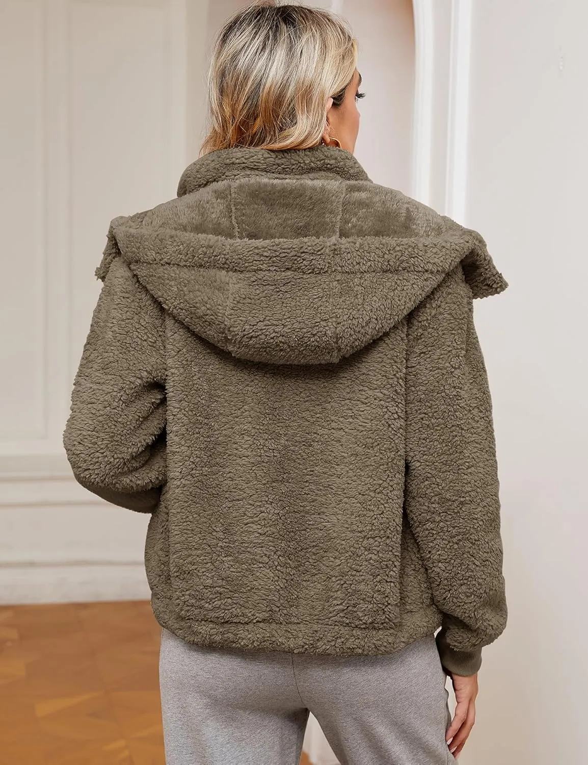Micoson Womens Faux Fur Coat Winter Full Zip Sherpa Fleece Jacket Long Sleeve Warm Fuzzy Outerwear with Hooded