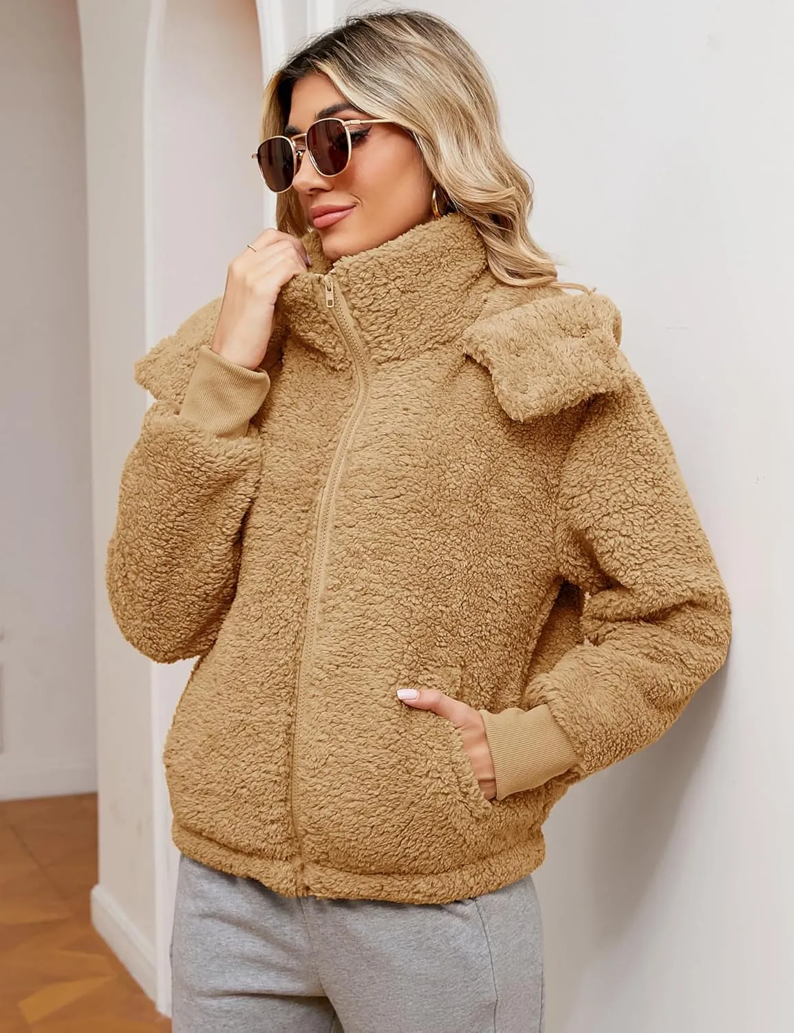 Micoson Womens Faux Fur Coat Winter Full Zip Sherpa Fleece Jacket Long Sleeve Warm Fuzzy Outerwear with Hooded