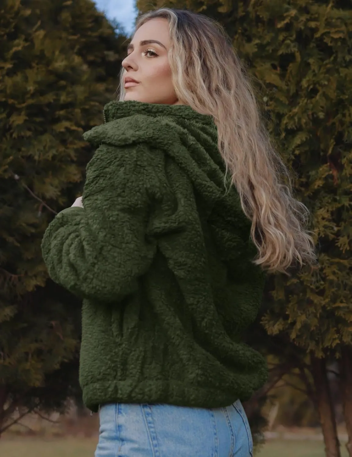 Micoson Womens Faux Fur Coat Winter Full Zip Sherpa Fleece Jacket Long Sleeve Warm Fuzzy Outerwear with Hooded