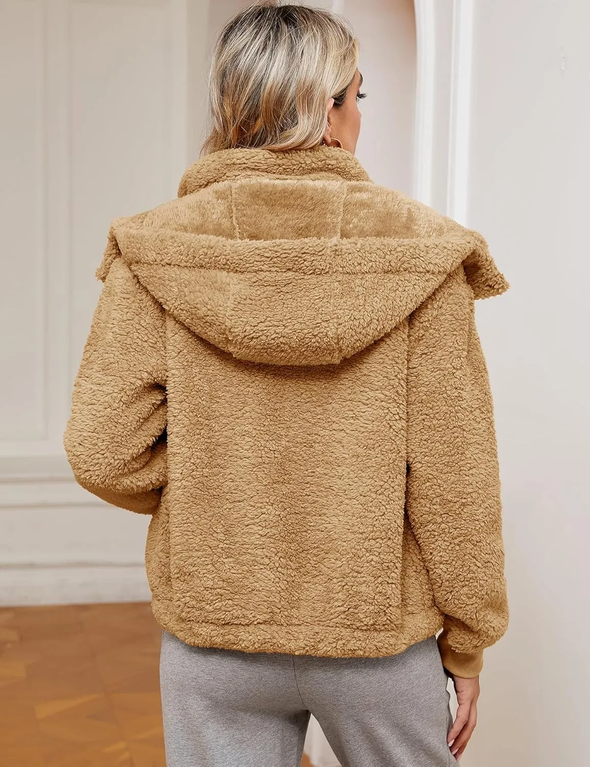 Micoson Womens Faux Fur Coat Winter Full Zip Sherpa Fleece Jacket Long Sleeve Warm Fuzzy Outerwear with Hooded