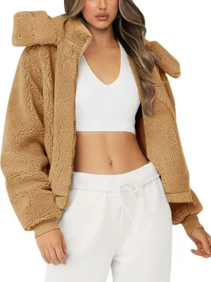 Micoson Womens Faux Fur Coat Winter Full Zip Sherpa Fleece Jacket Long Sleeve Warm Fuzzy Outerwear with Hooded