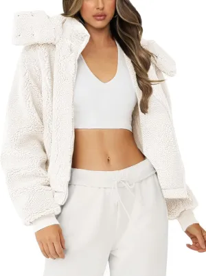 Micoson Womens Faux Fur Coat Winter Full Zip Sherpa Fleece Jacket Long Sleeve Warm Fuzzy Outerwear with Hooded