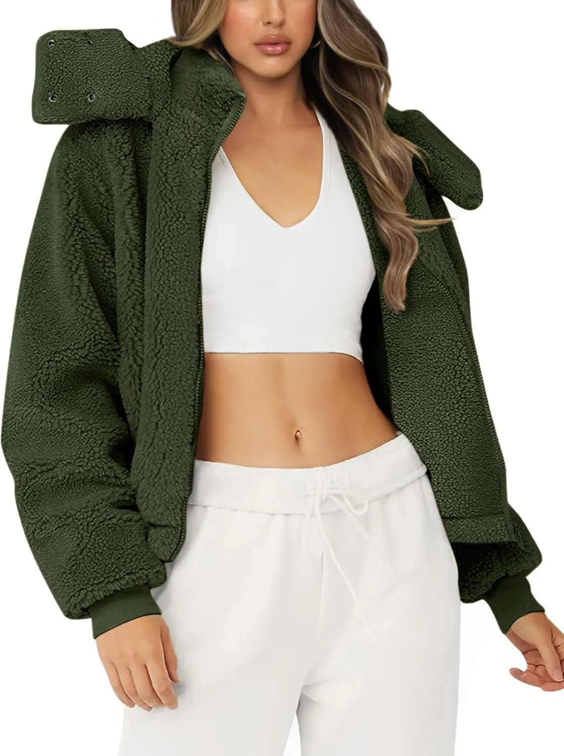 Micoson Womens Faux Fur Coat Winter Full Zip Sherpa Fleece Jacket Long Sleeve Warm Fuzzy Outerwear with Hooded