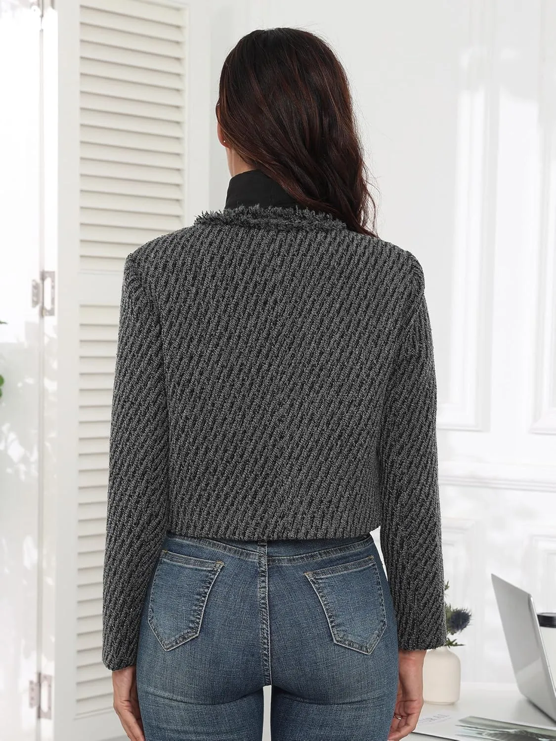 M.Infisavo Tweed Blazer Jackets for Women Fall Winter Long Sleeve Elegant Work Business Casual Cropped Jacket