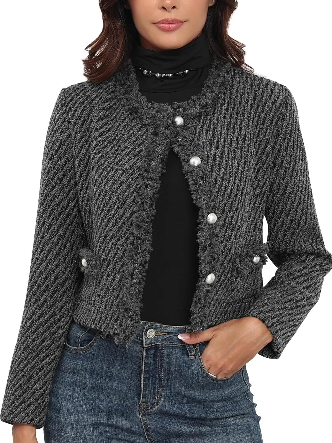 M.Infisavo Tweed Blazer Jackets for Women Fall Winter Long Sleeve Elegant Work Business Casual Cropped Jacket